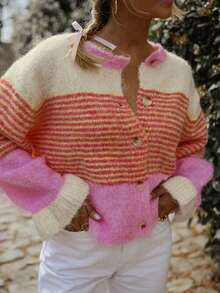 Women's Knitted Striped Contrast Color Cardigan, Long Sleeve, Button Detail Pink Fall - Pink - View 3