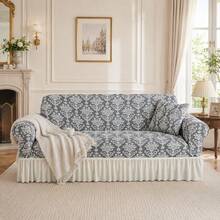 1pc Vintage Jacquard Pattern Skirted Full Coverage Elastic Sofa Cover, Dust-Proof And Stain-Resistant, Stretchable One-Piece Full Coverage Sofa Protector, Living Room Home Decor, Machine Washable And Hand Washable, Pillow Case Not Included - Grey - View 7