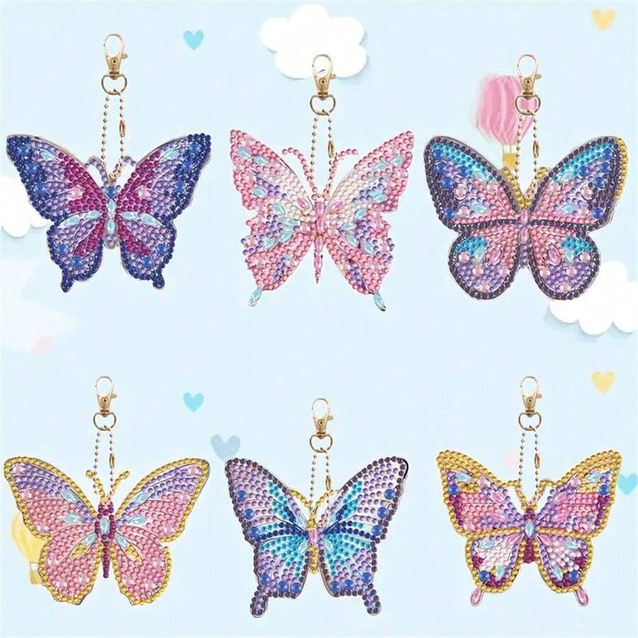 6Pcs/Set DIY Diamond Painting Keychain - Butterfly Pattern, DIY Decoration, Diamond Kit Craft Supplies, Handmade Mosaic Painting Keychain DIY Set Suitable For Beginners, Creative Handmade Craft Gift Set - Sets - View 1