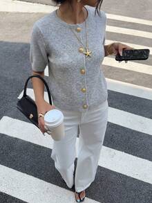 1pc Short Sleeve Solid Color Metallic Button Cardigan Sweater For Women, Casual Versatile Knit Sweater - Light Grey - View 9