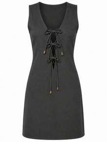 Vestido Curto Feminino Alfaiataria Marrot Decote V com Amarração Frontal Elegante Premium - Cinza Escuro - Visão 1