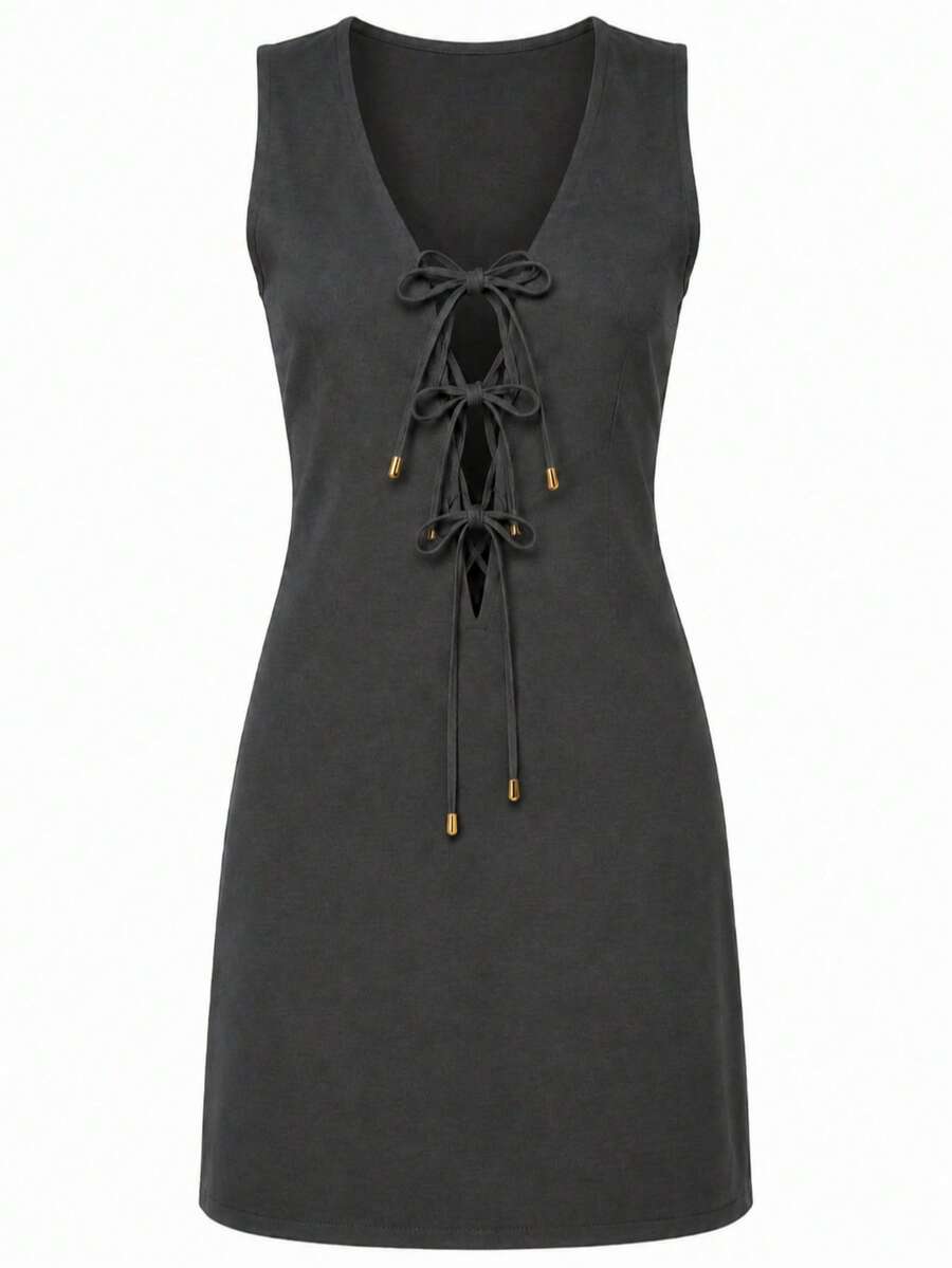 Vestido Curto Feminino Alfaiataria Marrot Decote V com Amarração Frontal Elegante Premium - Cinza Escuro - Visão 1