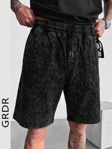 GRDR Men's Black Washed Texture Knit Drawstring Casual Shorts, Suitable For Commuting And Daily Wear - Black - View 4
