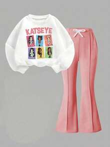 Tween Girl Cartoon Pattern Crew Neck Sweatshirt And Flare Pants Set - White - View 2