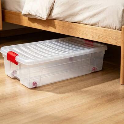 35L Under Bed Storage Box 78*39.5*16cm Clear Plastic Container With Wheels