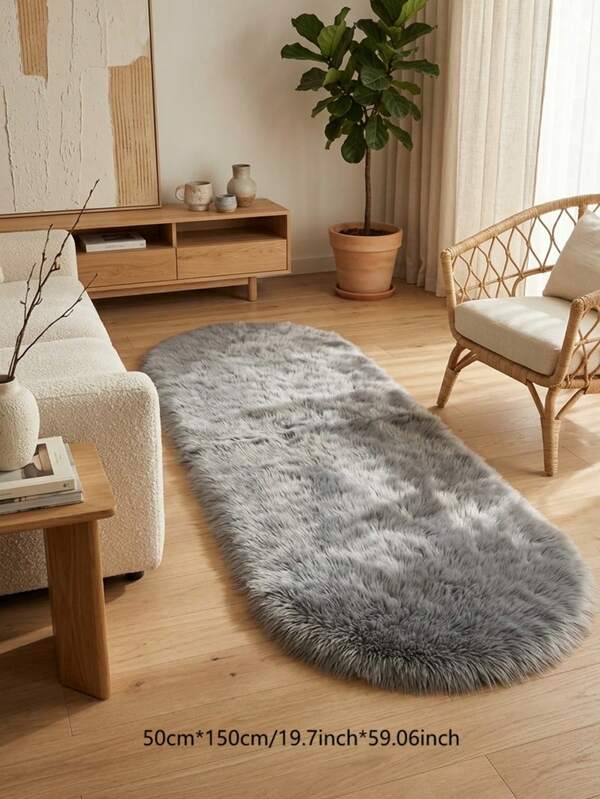 1pc Grey Oval Faux Wool Decorative Rug, Fluffy And Soft Touch, Smooth And Comfortable, Fashionable And Personalized Home Decor, Fuzzy Skin-Friendly Material, Non-Slip Backing, Low Shedding, Easy Care And Machine Washable, Suitable For Bedroom, Living Room, Hallway, Study, Dressing Room, Walk-In Closet And More, Bedroom Rug, Study Rug, Living Room Rug, Welcome Mat, Office Decorative Rug, Area Rug, Bedside Rug, Sofa Rug, Coffee Table Rug, Tea Table Mat, Floor Mat, Holiday Decorative Rug, Home Decor Essential, All-Season Use