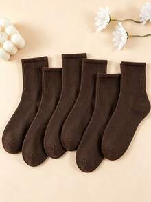 1/6 Pairs Unisex Solid Brown Maillard Color Comfortable High Elasticity Mid-Calf Socks, Suitable For Commuting, All-Season Wear, Sweat-Absorbent, Breathable - Brown - View 1
