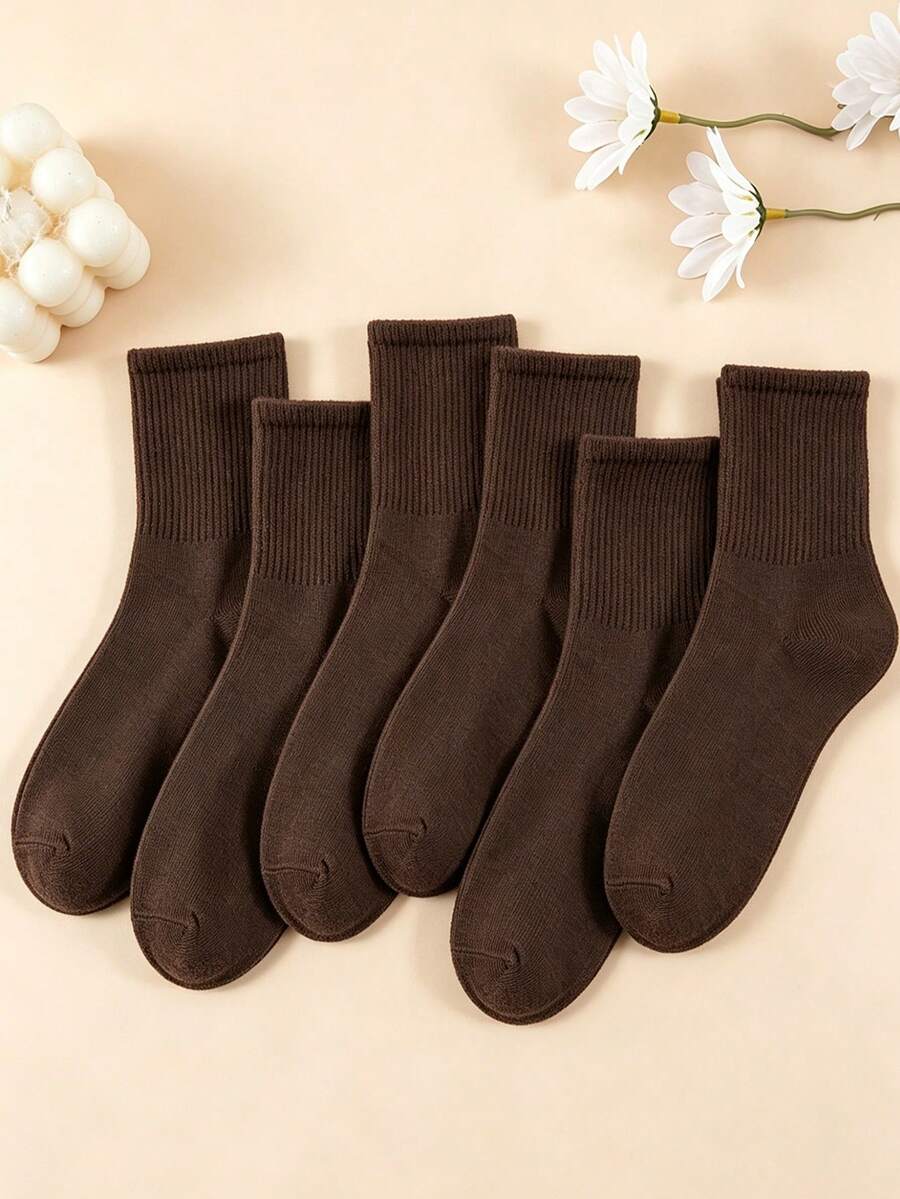 1/6 Pairs Unisex Solid Brown Maillard Color Comfortable High Elasticity Mid-Calf Socks, Suitable For Commuting, All-Season Wear, Sweat-Absorbent, Breathable - Brown - View 1