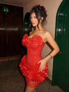 Lace 3D Petal Patchwork Rhinestone Embellished Waist-Defining Sexy Strapless Dress - Red - View 6