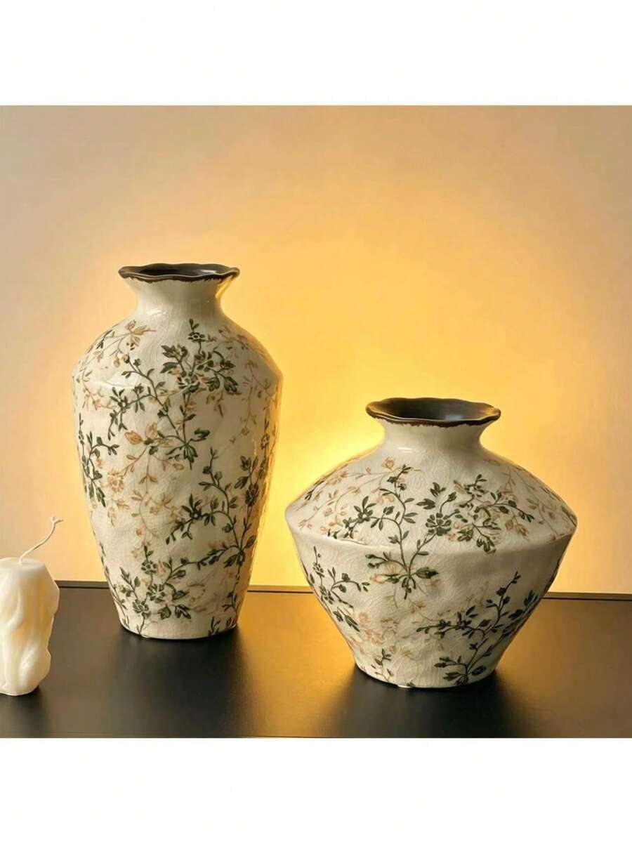 1pc Vintage Green Crackle Glaze Ceramic Vase, Suitable For Living Room, Dining Table Decor, Gift, Home Decoration, Room Decoration, Fresh Flower Arrangement - Multicolor - View 1