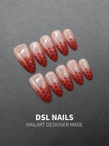 10pcs Almond Press-On Nails With Red Gradient Dotted Blush Design. Soft Gentle Daily Style. Full Nail Tools Included, Sweet Manicure Gift For Ladies. Handmade Press On Nails - Red - View 2