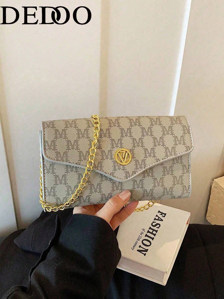 Dedoo 雙色字母印花休閒單肩包，信封包，鏈條單肩包，斜挎包，女款，時尚百搭