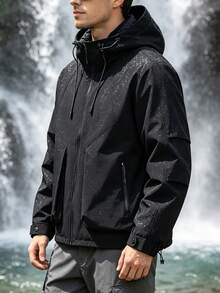 1 buah Jaket Outdoor Pria Musim Semi/Gugur Berkerudung, Tudung dengan Tali Serut yang Dapat Diatur, Kantong Samping dengan Resleting, Cocok untuk Mendaki dan Mendaki Gunung - Hitam - View 3