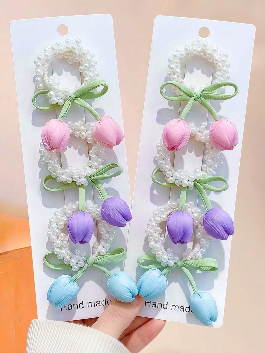 3/1Pc Tulip Pearl Hair Scrunchies, High Elasticity Hair Ties, Sweet And Cute Hair Accessories - Suitable For Girls And Teenagers, Perfect For Daily Wear, School, Vacation, Commuting, Spring Outings, Photography And More - Multicolor - View 1