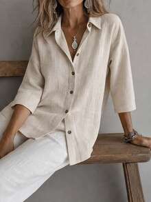 Women's Vintage Linen Lapel Collar Shirt, Dropped Shoulder 3/4 Sleeve With Button Detail, Autumn Casual Wear - Apricot - View 5
