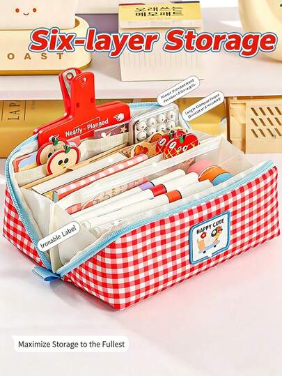 1Pc Ratro Lattic Pencil Case Pen Bag, Happy Cute Dancing Kitties Color Plaid Multi Pocket Square Storage Pouch For Stationery, Students Back To School