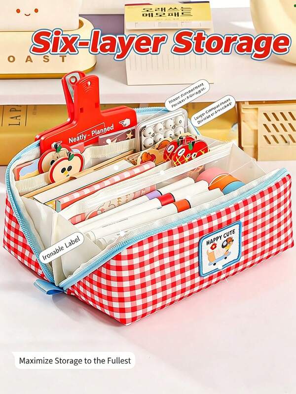 1Pc Ratro Lattic Pencil Case Pen Bag, Happy Cute Dancing Kitties Color Plaid Multi Pocket Square Storage Pouch For Stationery, Students Back To School