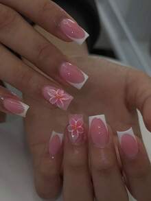 24pcs Short Square 3D Gel Floral French Nails With Pearl Decor, Set Includes: 1pc Jelly Glue And 1pc Nail File, Summer Nails - 彩色 - 查看 3