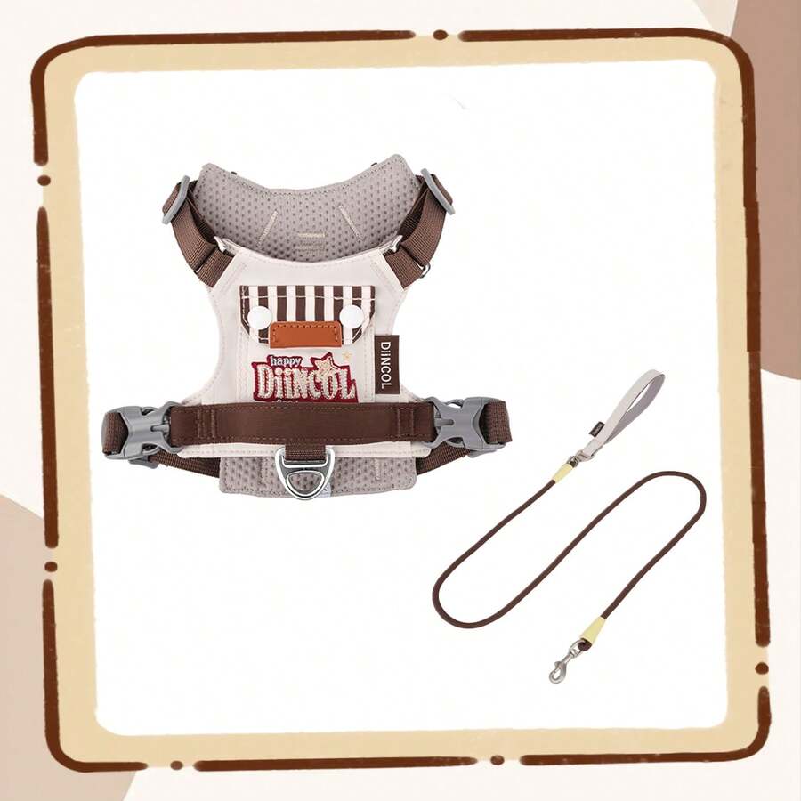 Summer Lightweight Dog Harness, Embroidered Pocket Design, Breathable Mesh Material, Soft Waterproof Fabric, Can Be Worn After Grooming, No Friction Pain, Equipped With Metal Buckle And Anti-Burst Pull Handle, Suitable For Small/Medium Dogs. Non-Chafing Leash - Beige - View 1