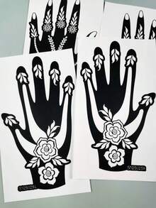 2 Pairs Reusable Symmetrical Hand Henna Tattoo Stencils Set, Floral & Geometric Mehndi Stencils, Fits Palm & Back Of Hand, Suitable For Festivals & Daily Body Painting - Black - View 7