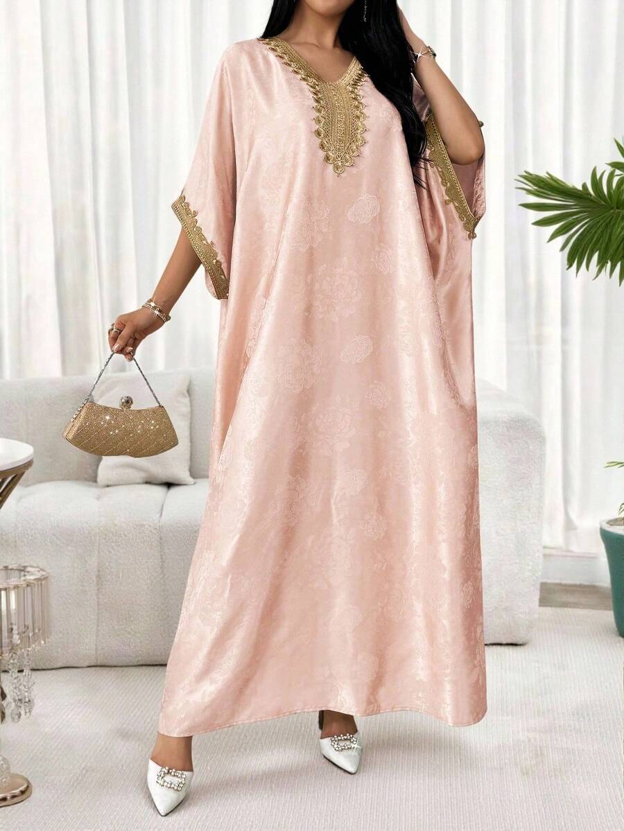 Bata Abaya Elegante con Decoración de Murciélago Rosa Otoño para Mujer - Rosa - Ver 1