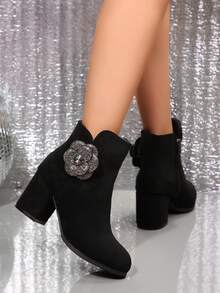 Women's High Heel Ankle Boots, Autumn/Winter New Style, Chunky Heel, Low Shaft, Mid-Heel Boots, Minimalist Commuter Boots - Black - View 7