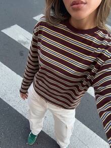 SDNGED Women's Casual Top, Striped Color Block Ribbed Fabric, Everyday Wear Spring/Autumn, Effortless Style - Redwood - View 3