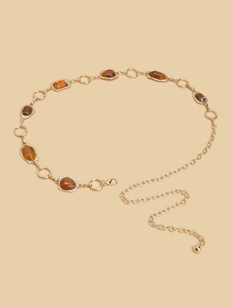 1pc Vintage Gold Waist Chain Belt, Caramel Gemstone Waist Chain; Y2K Belt, Summer Accessories, Ibiza Accessories; Suitable For Ball Gown, Bridesmaid Dress And Evening Wear, Matching Daily Outfits, Shopping, Dating, Casual, Party - Gold - View 1