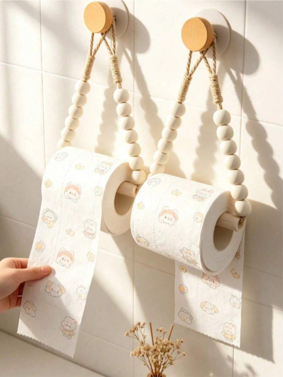 Wall-Mounted Toilet Paper Holder, Kitchen Wall-Mounted Paper Towel Rack With Hook, Modern Home Bathroom Accessory, Rotating Paper Towel Holder, European Minimalist Rope Style - Brown - View 1