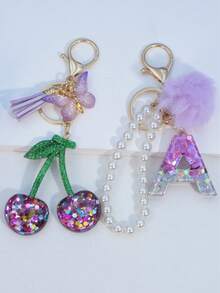 1pc Resin Starry Sky Epoxy Letter Keychain With Black Fur Ball Tassel Decor, Heart Pendant Gift For Friend And Mom - Mauve Purple - View 28