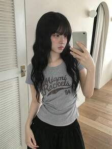 Kaos Lengan Pendek Kasual Motif Huruf Musim Panas dengan Pinggang Ramping - Grey - View 1