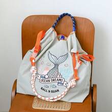 1pc New Embroidered Fish Tail Pattern Storage Nylon Large Capacity Foldable Shopping Bag Commuter Beach Party Women's Shoulder Crossover Tote Bag - Multicolor - View 7