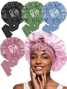 Silk Hair Bonnet, Suitable For Natural Curly Hair, Adjustable Shoulder Strap, Tie Design, Stain-Resistant, Breathable, Comfortable Sleeping Cap, Suitable For Women, Perfect Fit For Curly, Wavy, Afro Hair, Valentine's Day Sleep Gift - Multicolor - View 7