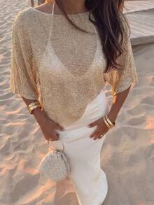 女款夏季黃色船領蝙蝠袖鏤空針織寬鬆上衣，極簡海濱風針織罩衫，適合海灘出遊、城市漫步、度假晚餐 - 香檳色 - 查看 3