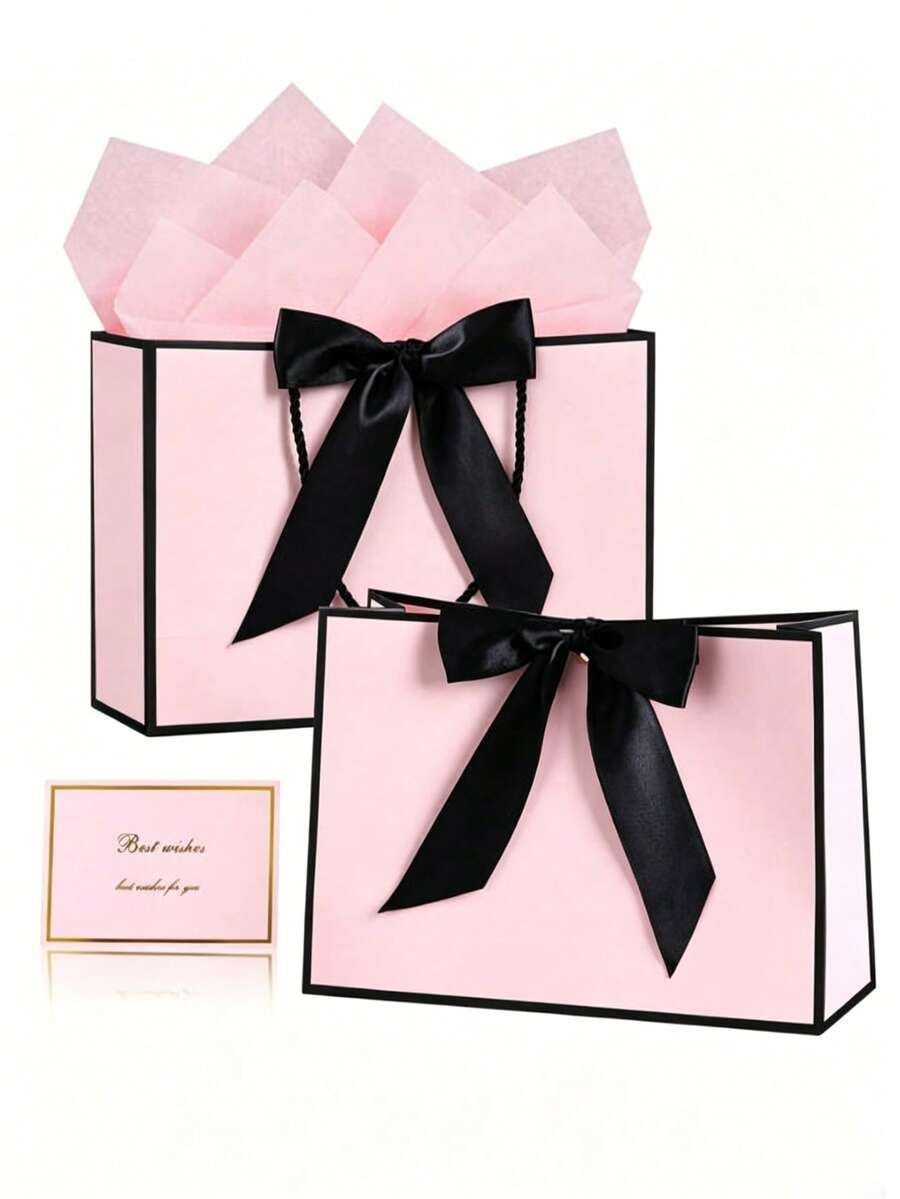 4pcs Pink Gift Bag Set, Includes 1 Gift Bag, 2 Sheets Of Tissue Paper And 1 Card With Ribbon; This Exquisite Paper Handle Bag Decorated With Bows Is Suitable For Weddings, Christmas, Thanksgiving, New Year, Birthday, Valentine's Day (Such As Bridesmaid Or Best Friend Gathering Gifts) And Other Occasions. - Multicolor - View 1