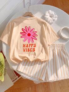 2pcs/Set Young Girl Cute Minimalist Fresh Floral Print Casual Shorts Set - Apricot - View 1
