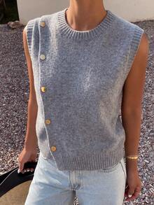 1 pieza Chaleco de punto sin mangas de unicolor, cuello redondo, diseño de botones asimétricos, moda de capas, corto, para verano - Gris - Ver 11