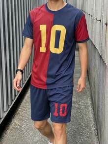 2pcs/Set Teen Boys' Cool Football Style Contrast Color 10 Number Print T-Shirt And Shorts Set - Multicolor - View 4