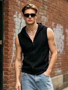 Men's Summer Black Sleeveless Hooded Vest, Fashion Solid Color Sports Hoodie - Black - View 1