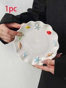 4pcs/2pcs/1pc 3D Embossed Ocean Shell Ceramic Plate, 6-Inch Ins Style Wave Starfish Conch Dessert Plate, Highly Attractive Asymmetrical Scalloped Edge Fruit Salad Plate, Cake Plate, Jewelry Storage Dish, Photography Prop - Multicolor - View 15