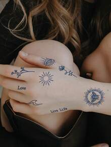 1pc Semi-Permanent Abstract Creative Pattern Temporary Tattoo Sticker, Waterproof Non-Reflective DIY Gift For Party & Festival, Lasts 1-2 Weeks, For Hand Back, Arm, Shoulder, Neck, Collarbone - Blue - View 2