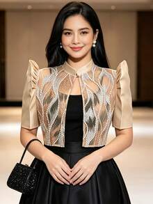 1 Stück moderne Filipiniana Bluse mit Schmetterlingsärmeln, Knopfbluse, Kurzarm-Top für Frauen, elegant für Alltag, Urlaub, Büro - Champagnerfarben - Übersicht 1