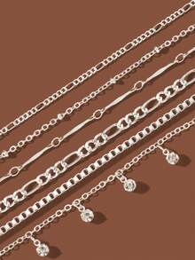 6Pcs Multi Layer Silvery Anklet Set Figaro Chain Rhinestone Dangling Charm Stackable Ankle Bracelets Women Summer Beach Foot Jewelry - Silver - View 2