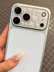 時尚可愛卡通塗鴉愛心蝴蝶結貼紙 透明相機保護膜 相容 iPhone 17 Pro Max 17 Pro 17 16 15 14 13 Pro Max 鏡頭相機保護膜 - 鐳射愛心蝴蝶結 - 查看 4
