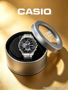 Casio Round Silver Tin Watch Gift Box, Transparent Window Metal Storage Case With Sponge Liner For Wristwatch Packaging & Holiday Gift Giving - Silver - View 1