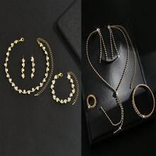 Elegant & Simple Four-Piece Set Of Necklace, Earrings, And Bracelet With Rhinestones For Evening Party, Bridal Wedding Accessories - Gold - View 7