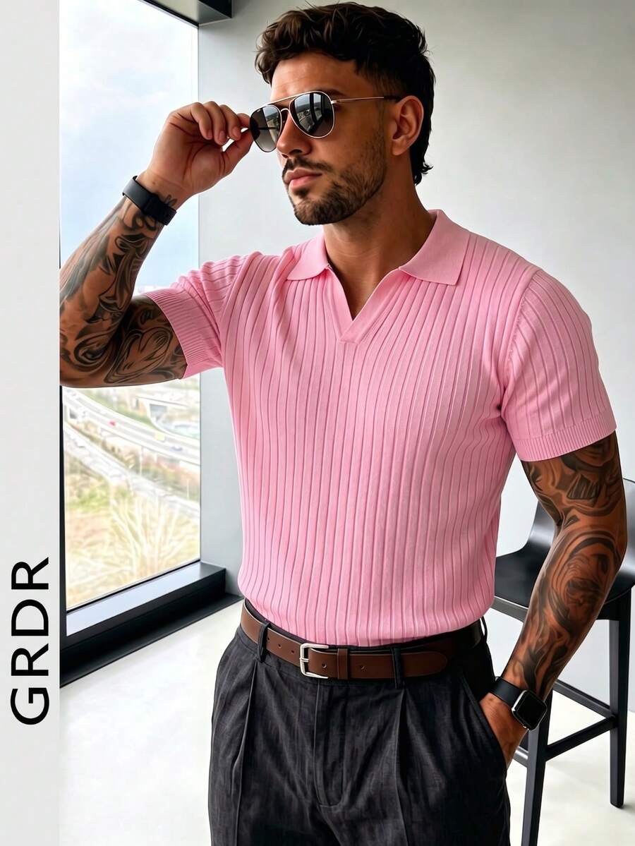 GRDR 男士夏季纯色 Polo 领短袖针织衫，适合夏季外出穿着，时尚造型必备单品