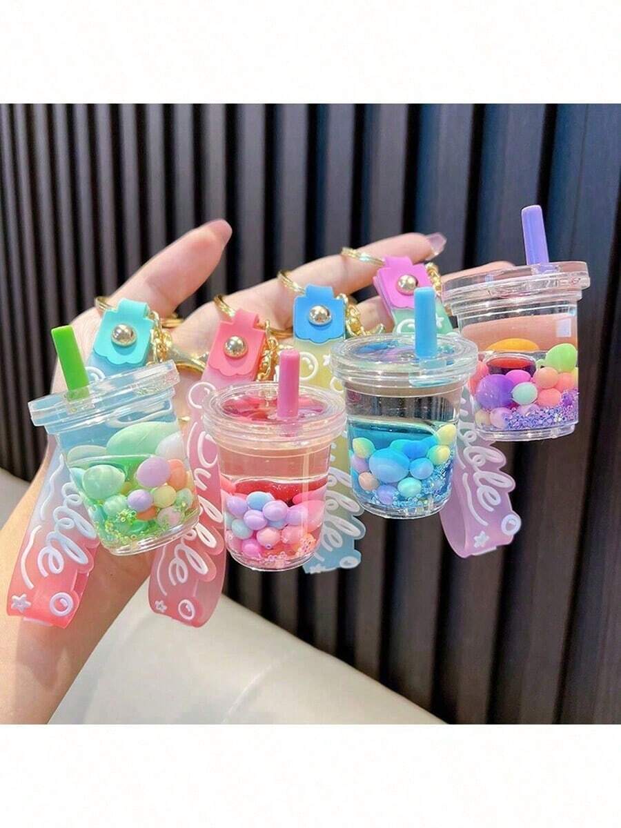 1pc Creative Holiday Theme Milk Tea Cup Keychain, Gift Bag Accessory, Small Pendant Decoration, Can Be Used As Car Key Holder, Backpack Decoration Or Couple Gift - Multicolor - View 1