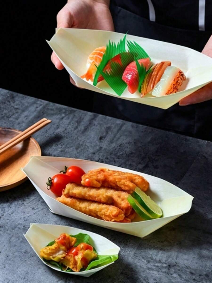 50個一次性紙船，壽司木製槳船零食洋芋片包裝盒，適合戶外、派對、野餐、露營、婚禮、慶祝等場合，可用作食物紙容器、沾醬木船盒，理想的一次性派對餐具