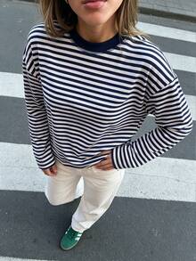 Women's Casual Top, Striped Color Block Ribbed Everyday Wear Spring - Navy Blue - View 3